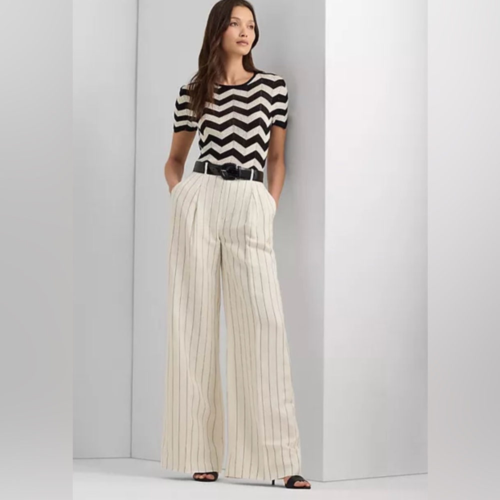 Ralph Lauren Cream and Black Linen Wide Leg Pants Sz-12P
